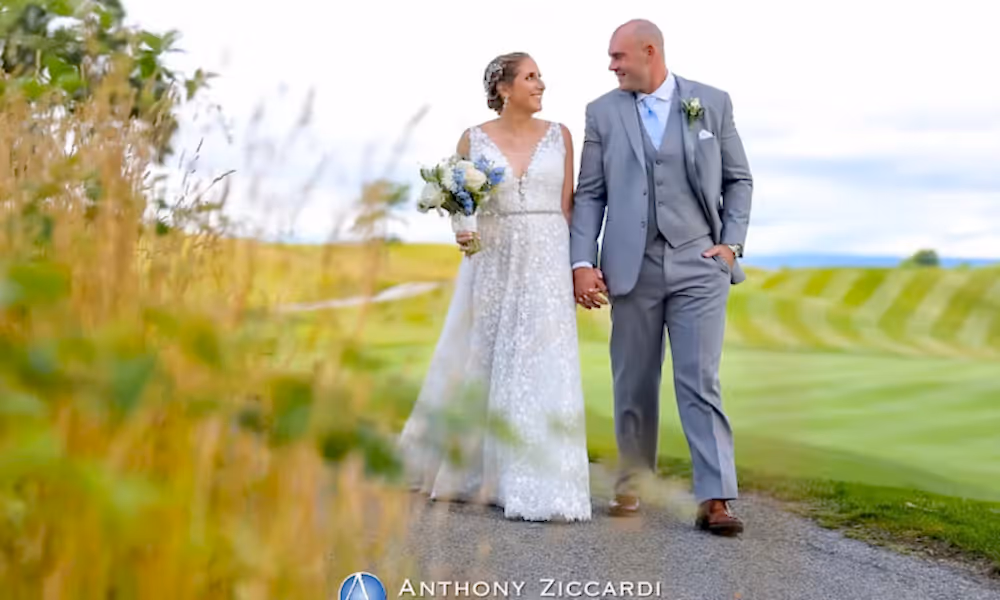 Bride and Groom walking the grounds at Ballyowen Golf Course