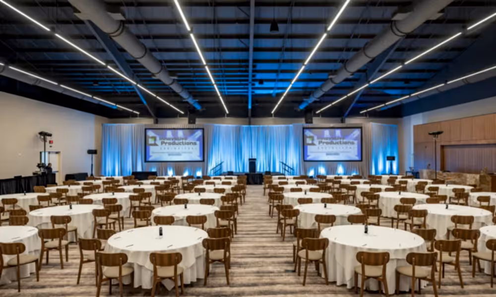 Canyon Ballroom at Minerals Hotel set up with round tables.